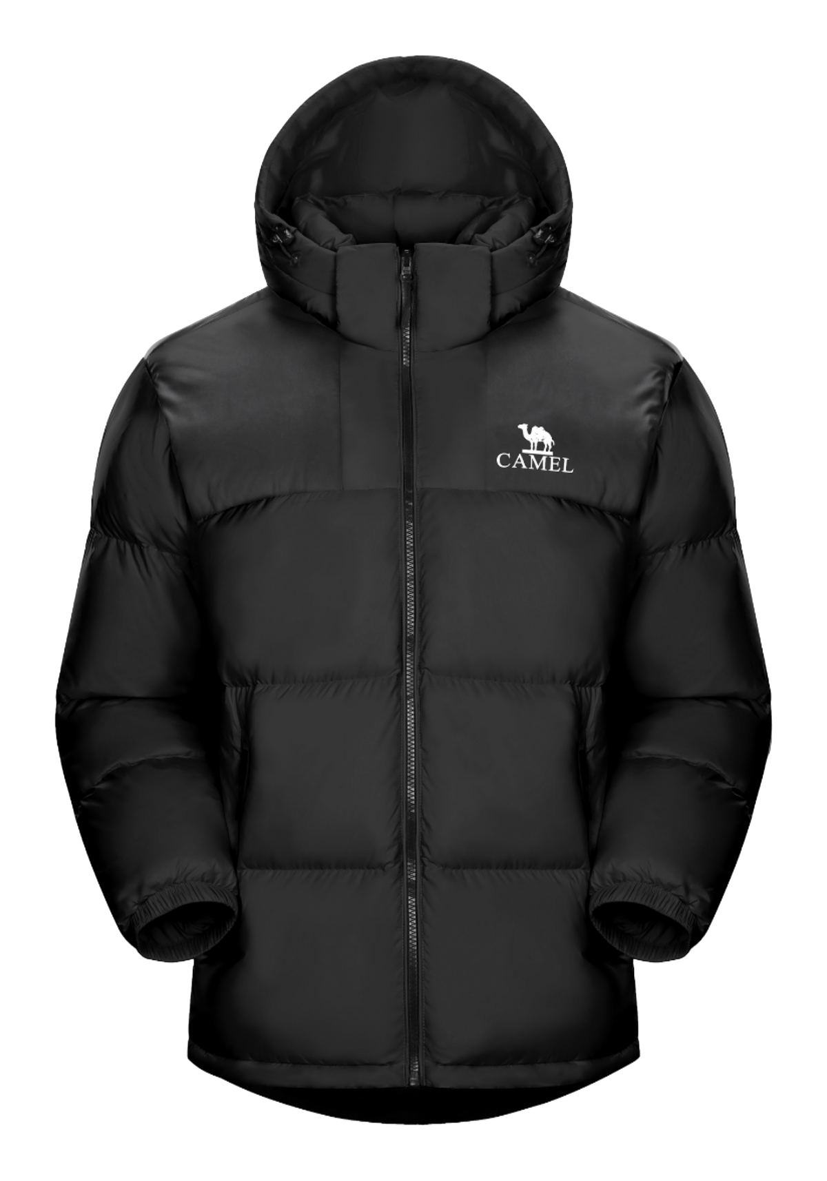 Black unisex hooded puffer jacket with CAMEL logo on chest, full zip front.