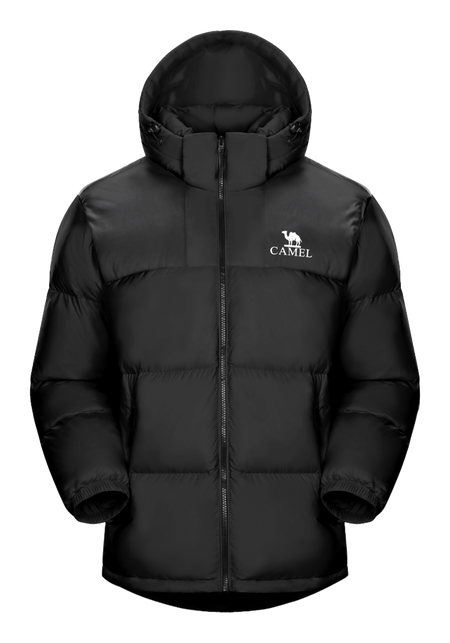 Black unisex hooded puffer jacket with CAMEL logo on chest, full zip front.