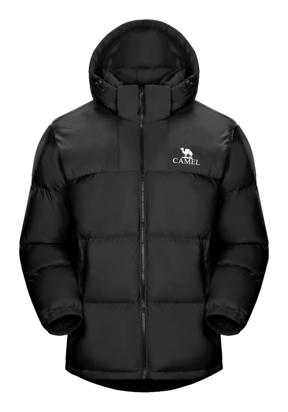 Black unisex hooded puffer jacket with CAMEL logo on chest, full zip front.