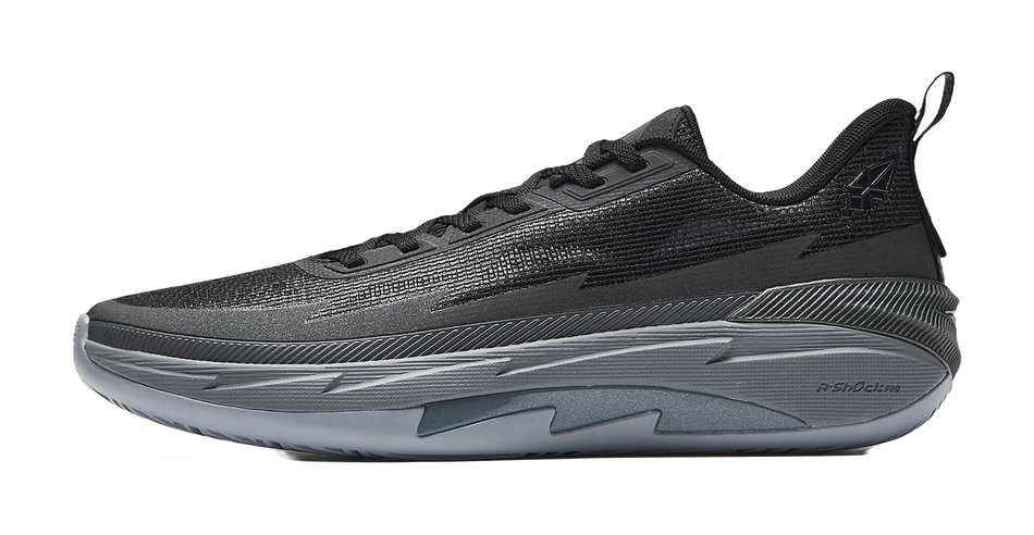 Black and gray basketball shoe with lace-up closure and padded collar