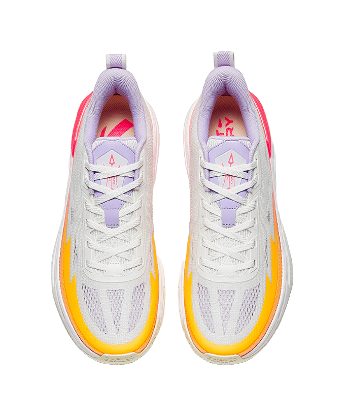 Unisex basketball shoe, white knit upper with purple collar and orange toe edge