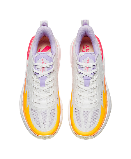 Unisex basketball shoe, white knit upper with purple collar and orange toe edge