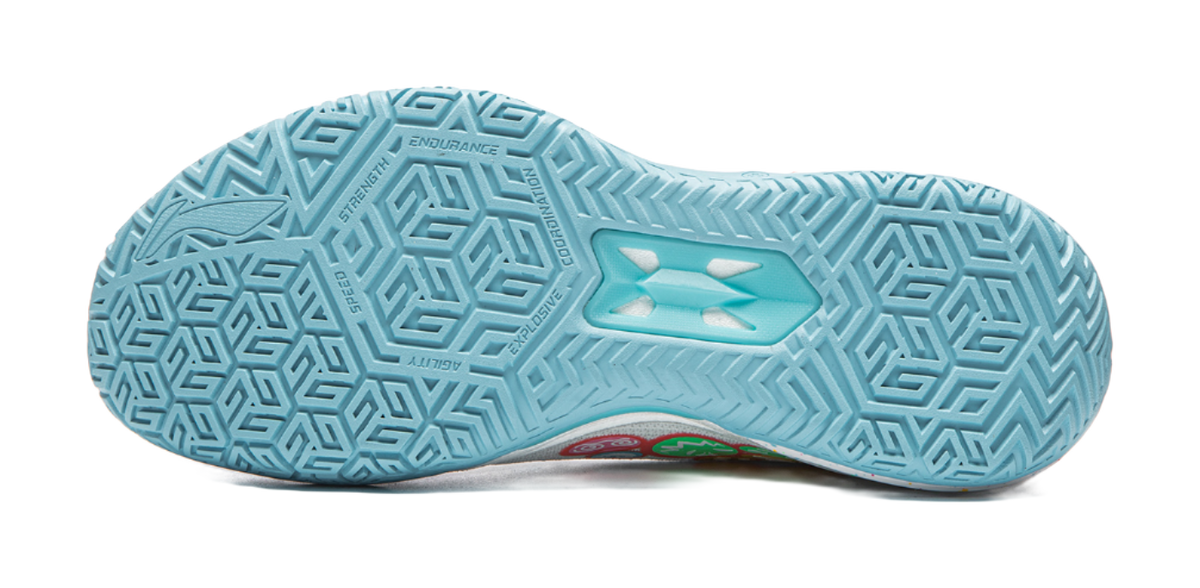 Basketball shoe outsole, light-blue tread pattern with durability branding