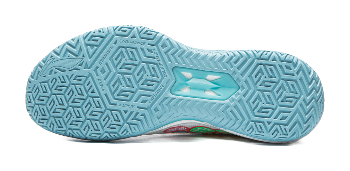 Basketball shoe outsole, light-blue tread pattern with durability branding