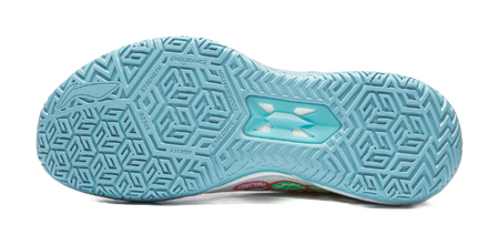 Basketball shoe outsole, light-blue tread pattern with durability branding