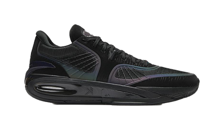 Black basketball shoe with lace-up closure, textured upper, and visible heel air window