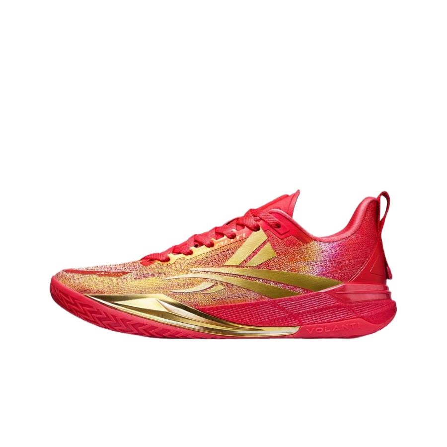 Unisex basketball shoes, red knit upper with gold accents and side stripe.