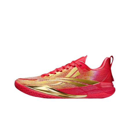 Unisex basketball shoes, red knit upper with gold accents and side stripe.