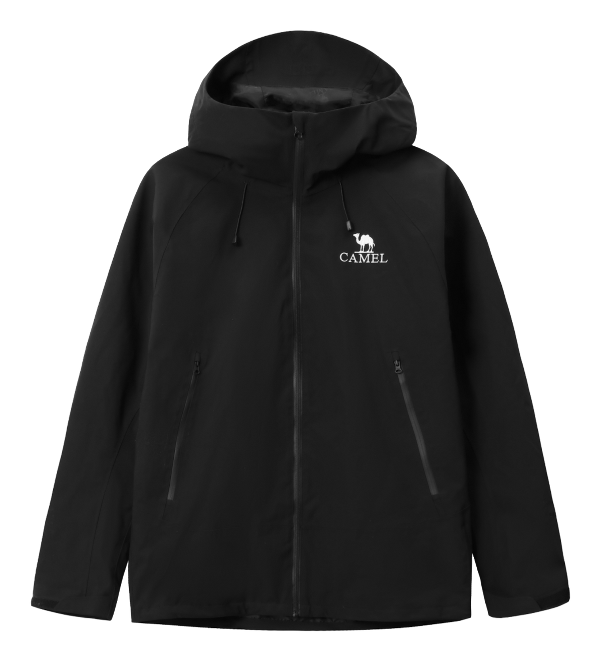 Black unisex windbreaker jacket with hood, full zip, and two zippered front pockets