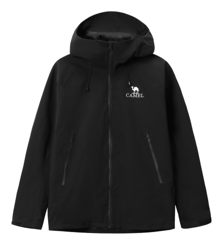 Black unisex windbreaker jacket with hood, full zip, and two zippered front pockets