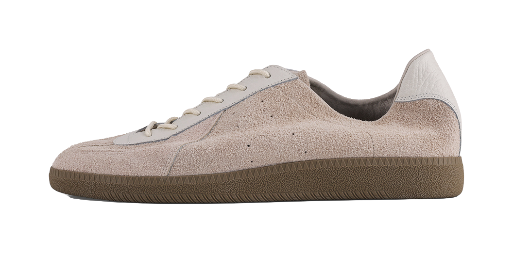 Khaki suede low-top sneakers with white lace panels and textured rubber sole
