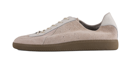 Khaki suede low-top sneakers with white lace panels and textured rubber sole
