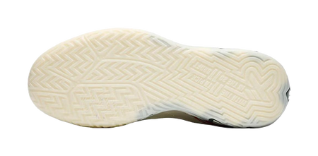 Beige basketball shoe outsole with textured herringbone tread pattern.