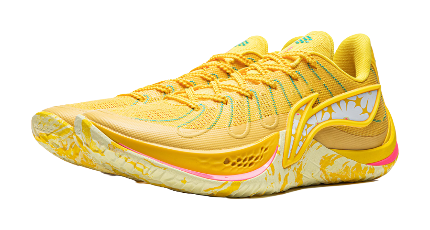 Lemon yellow lace-up basketball shoe with patterned midsole and pink trim along outsole