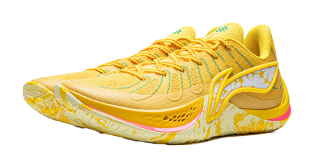 Lemon yellow lace-up basketball shoe with patterned midsole and pink trim along outsole