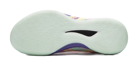 Basketball shoe outsole side profile with mint rubber tread and dark logo panel.