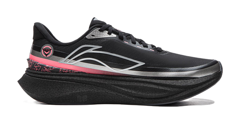 Black lace-up running shoe, side view with white logo stripe and pink accent