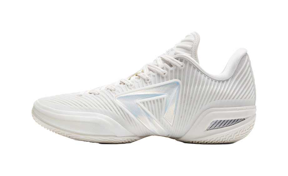 White lace-up basketball shoe with blue logo accent and textured sole