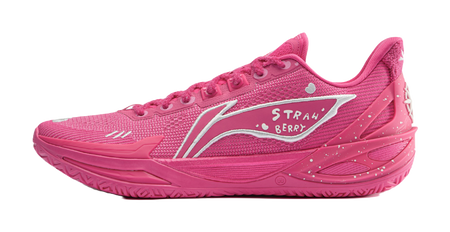 Pink low-top basketball shoe with mesh panels, white side logo and strawberry graphics.