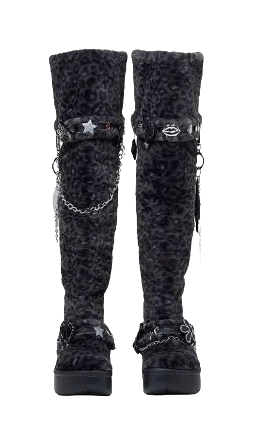 Crocs Classic Leopard Print Knee high Boots Womens Black  vjsneaker.com