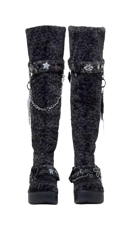 Crocs Classic Leopard Print Knee high Boots Womens Black  vjsneaker.com