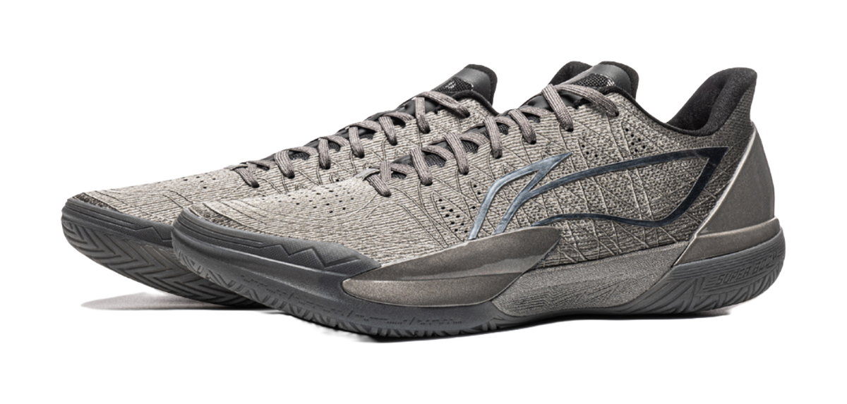 Pair of silver Li-Ning Gamma 2 low basketball shoes in angled side view