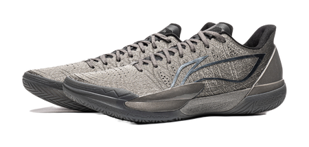 Pair of silver Li-Ning Gamma 2 low basketball shoes in angled side view
