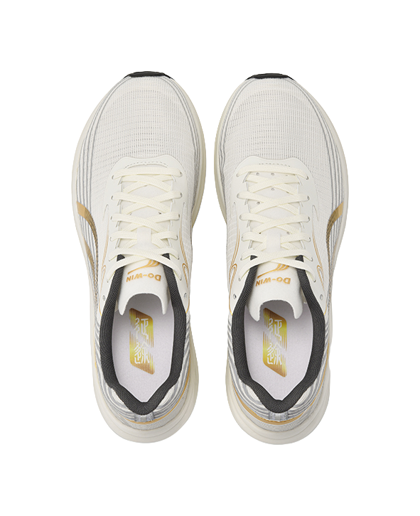 DO-WIN Journey running shoes, white mesh upper with gold stripe, front view