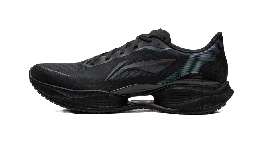 Black unisex running shoe with lace-up mesh upper and rubberized outsole