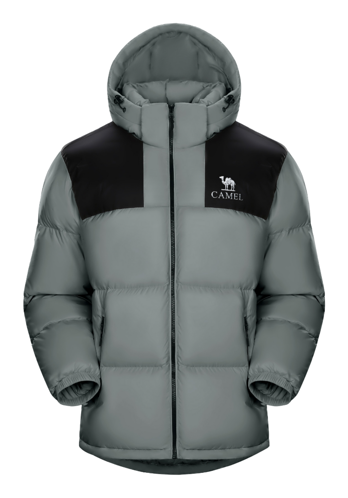 Unisex hooded puffer down jacket in dark sage green with black chest panel and front zipper