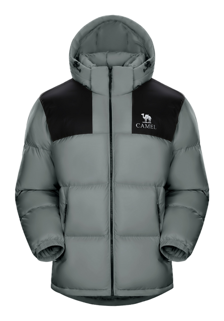Unisex hooded puffer down jacket in dark sage green with black chest panel and front zipper