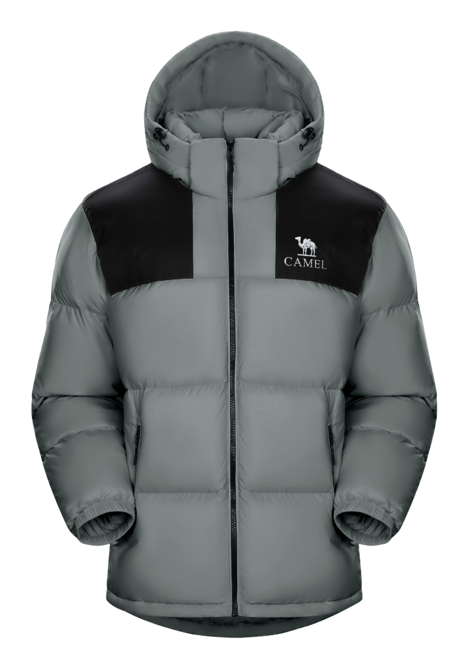 Unisex hooded puffer down jacket in dark sage green with black chest panel and front zipper