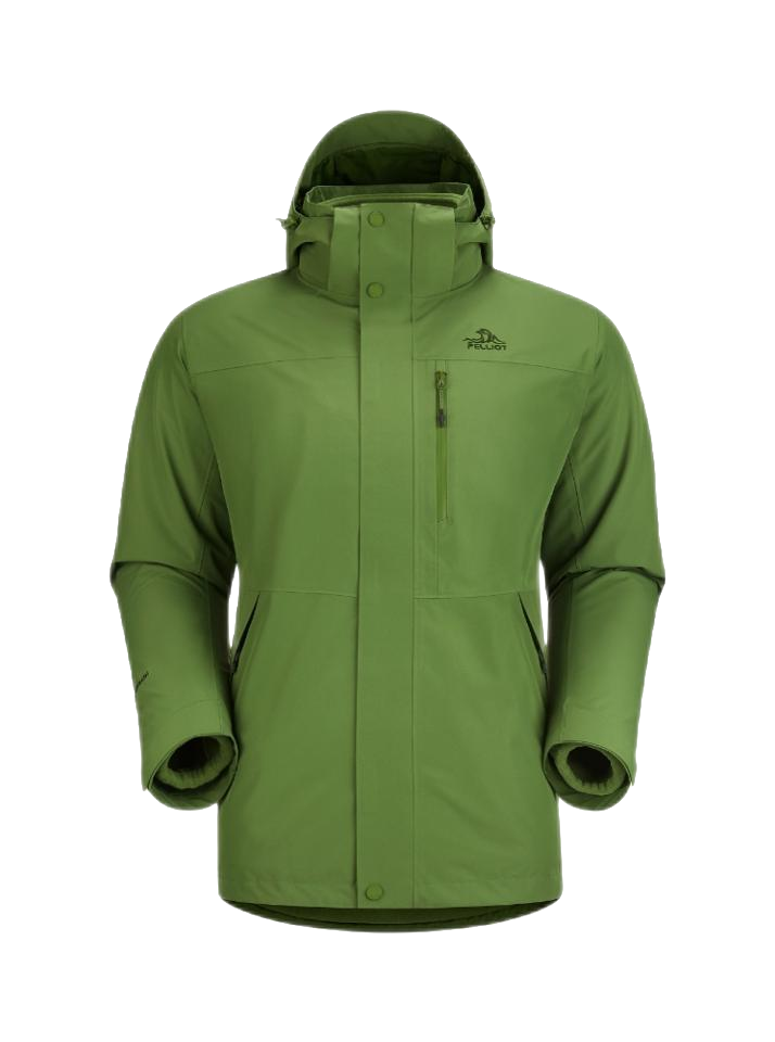 Men's olive green 3-in-1 windbreaker jacket with hood, full zip, chest pocket