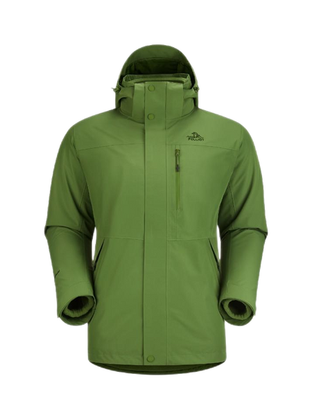 Men's olive green 3-in-1 windbreaker jacket with hood, full zip, chest pocket