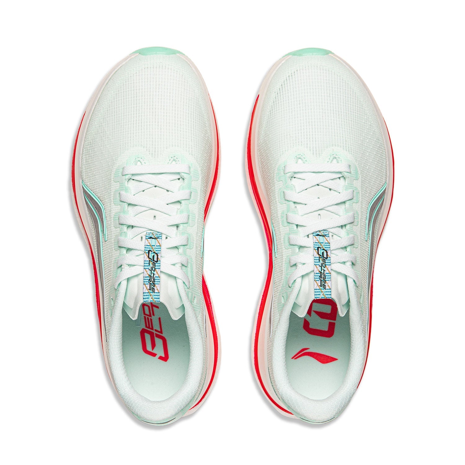 Women's running shoe, ice blue upper, white laces, red-trim collar