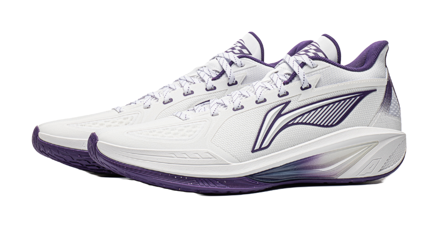 Low-top basketball shoe, white with purple collar and side stripes, lace-up.