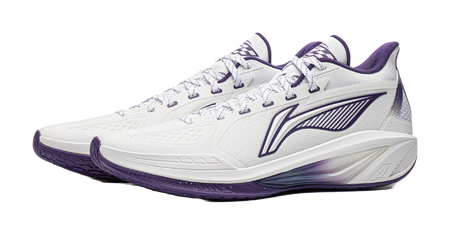 Low-top basketball shoe, white with purple collar and side stripes, lace-up.