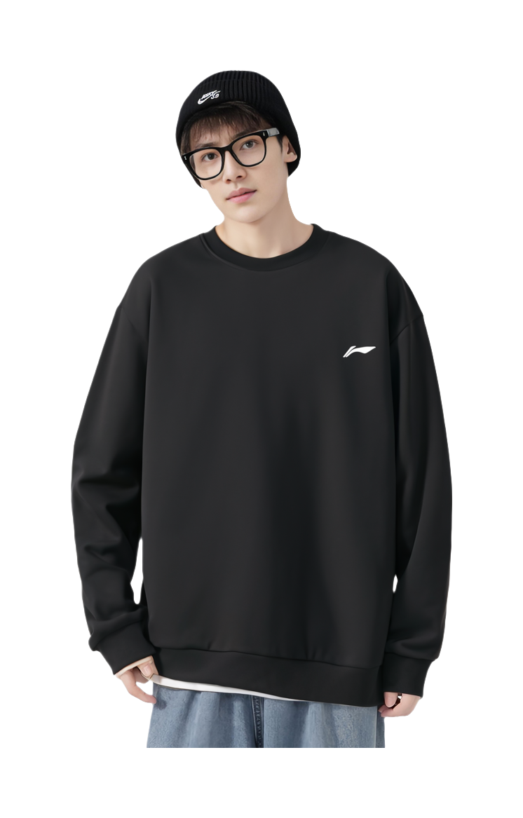 Men's black crew-neck sweatshirt, long sleeves, small chest logo