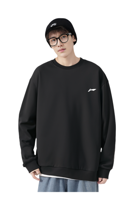 Men's black crew-neck sweatshirt, long sleeves, small chest logo
