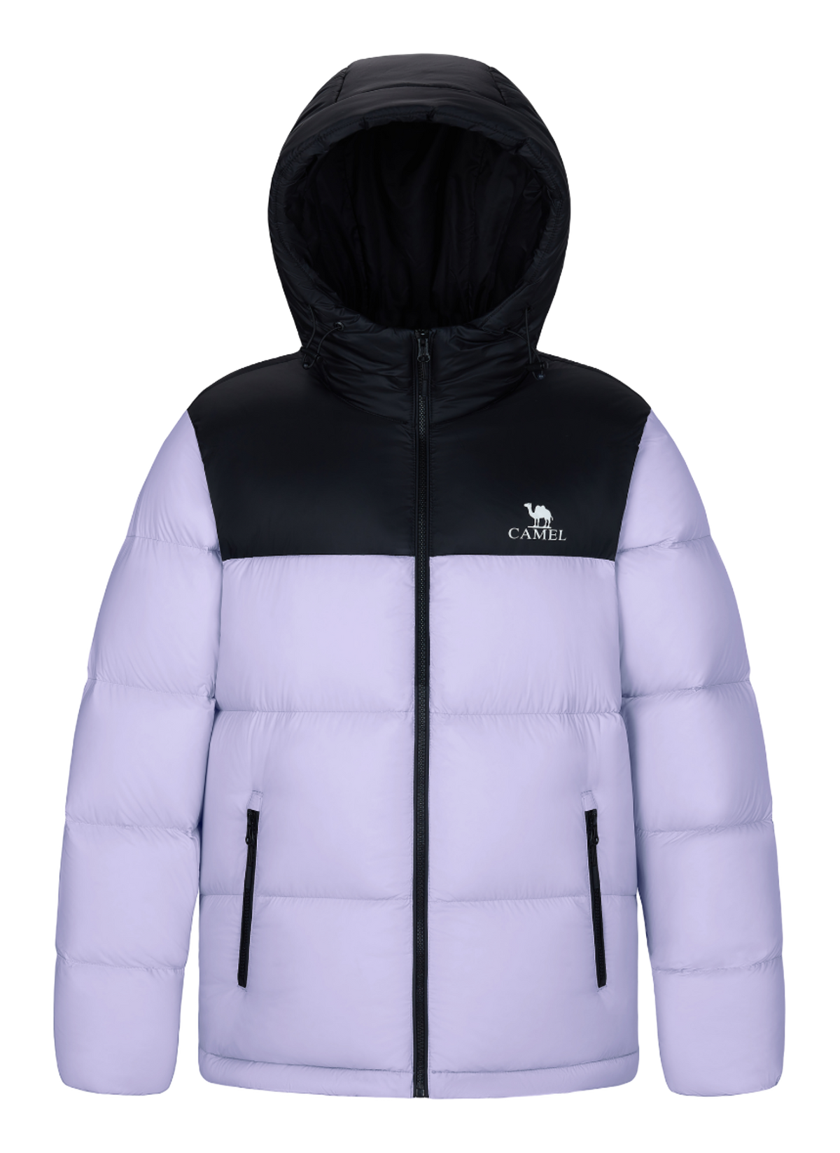 Unisex hooded down jacket in lavender and black color-block with full-zip front.