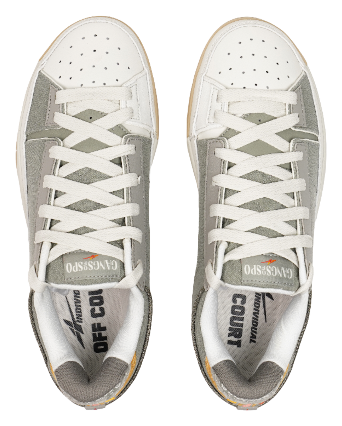 Unisex shoe fronts with white perforated toe caps, olive panels, and crisscross laces