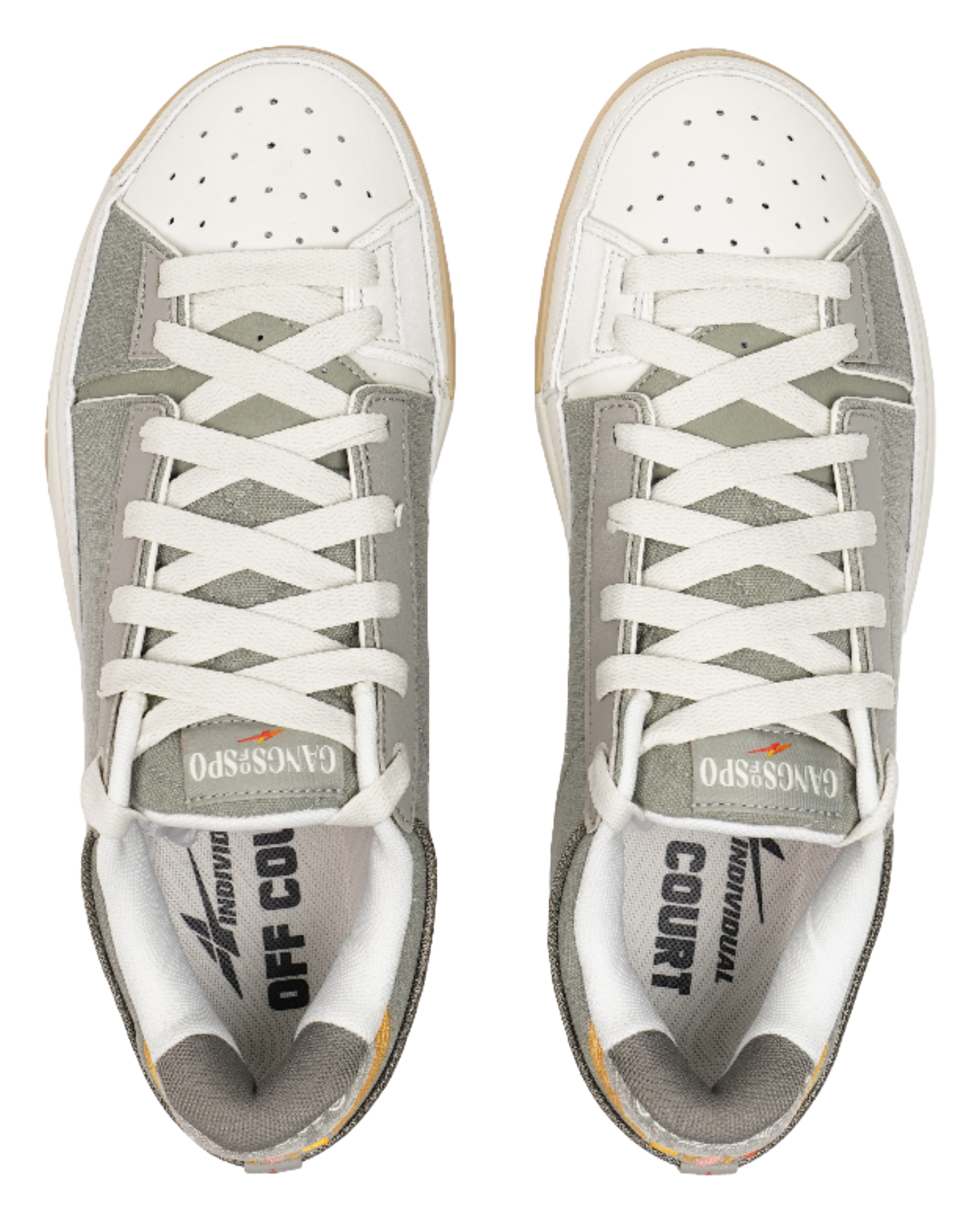 Unisex shoe fronts with white perforated toe caps, olive panels, and crisscross laces
