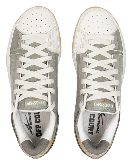 Unisex shoe fronts with white perforated toe caps, olive panels, and crisscross laces