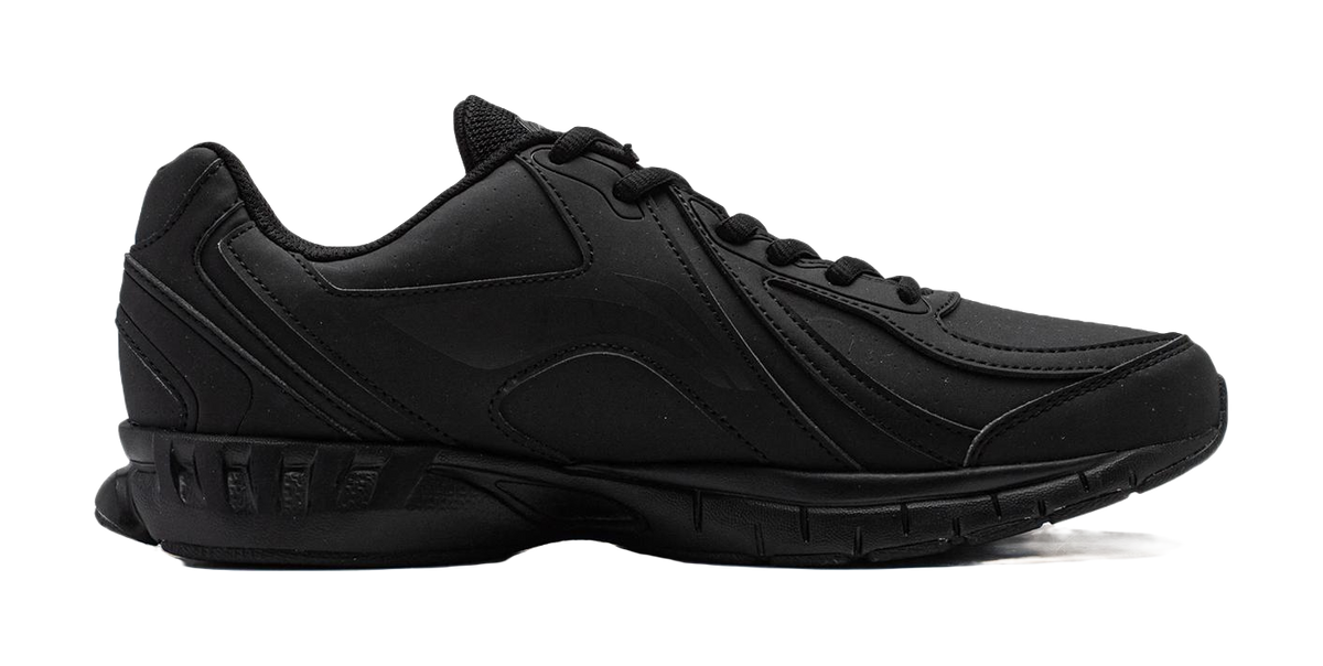 Black lace-up running shoe with layered panels and textured rubber outsole