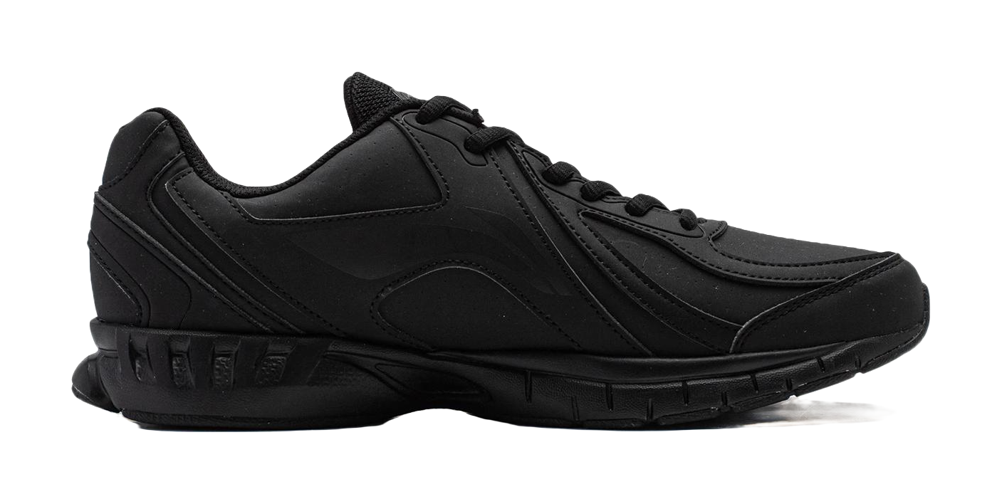 Black lace-up running shoe with layered panels and textured rubber outsole