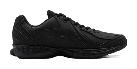 Black lace-up running shoe with layered panels and textured rubber outsole