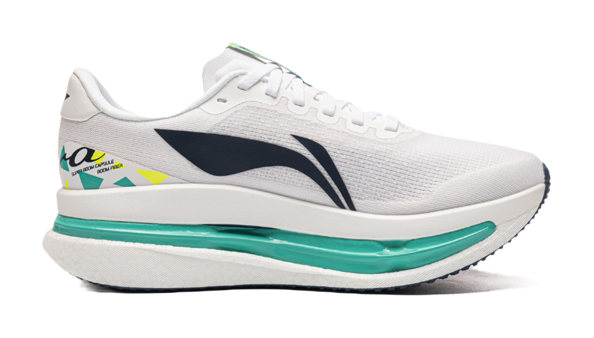 White knit running shoe angled side view with dark blue stripe and teal sole