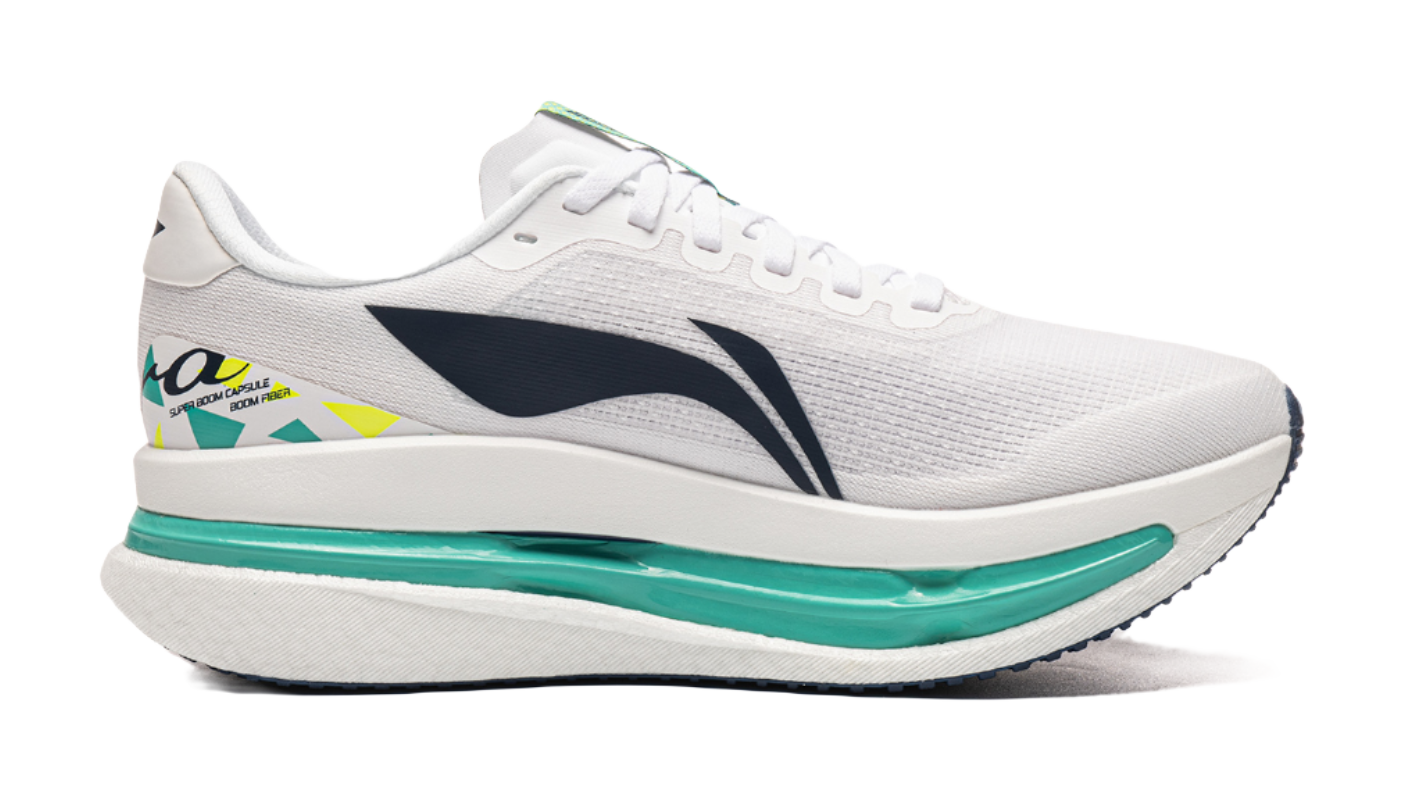 White knit running shoe angled side view with dark blue stripe and teal sole