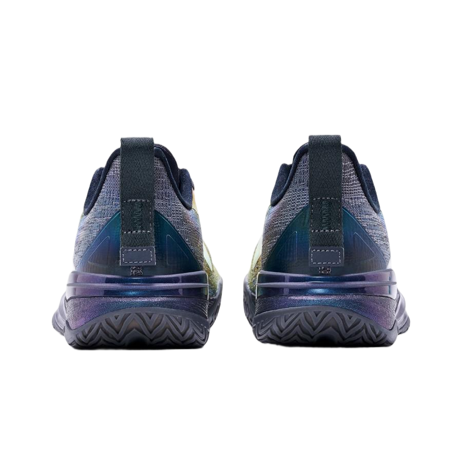 Basketball shoe heel view with dark straps and purple-blue cushioning, navy upper.