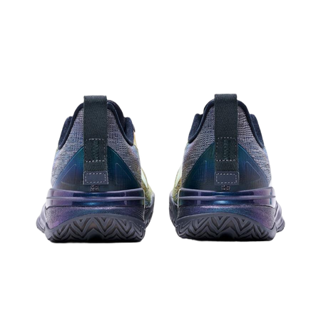 Basketball shoe heel view with dark straps and purple-blue cushioning, navy upper.